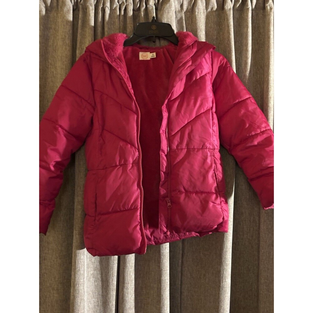 Girls Pink Hooded Quilted Puffer Jacket Zip Winter Long Sleeve Mid-Length